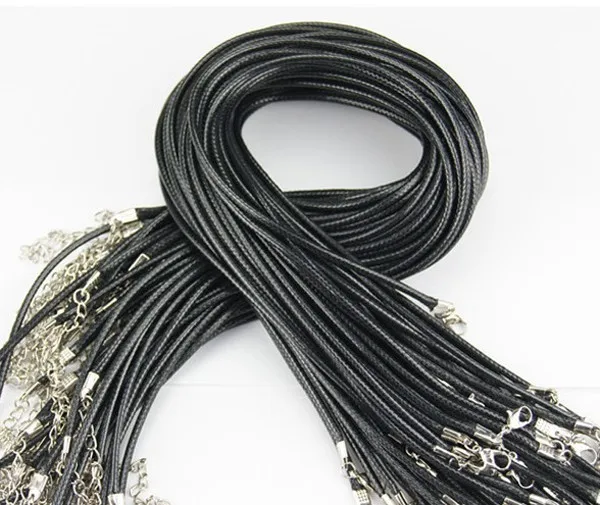 

Free Shipping 1.5MM Black leather cord Bracelets with Lobster Claw Clasp and Extension Chain for Handmade Necklace 17 inches