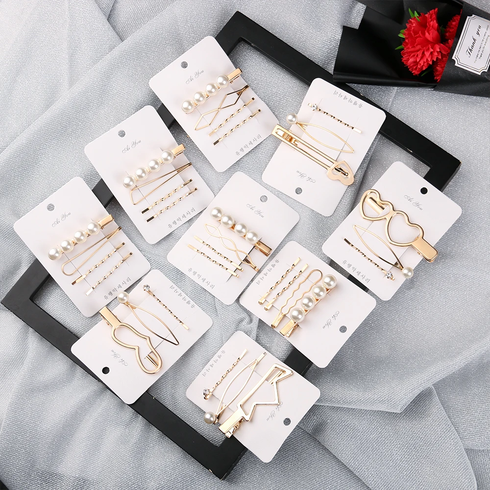 

1SET Metal Minimalist Hair Styling Accessories Geometric Irregular Gold Color Hair Clip Imitiation Pearl Heart Hairpin Barrettes