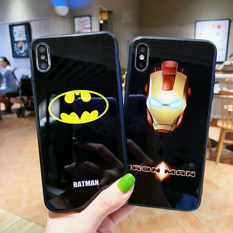 Luxury Tempered Glass Cover Marvel Iron Man Batman phone case for iphone 6 S 7 7plus 8 8plus X 10 XR XS Max Fashion Tide coque |
