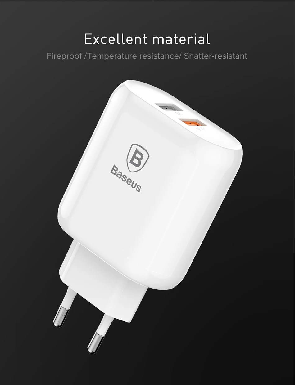 Baseus зарядное устройство для телефона, быстрая зарядка 3,0, двойной USB для iPhone X 8, универсальное 5 В/3 А, дорожное настенное USB зарядное устройство для samsung, Xiaomi, штепсельная вилка европейского стандарта