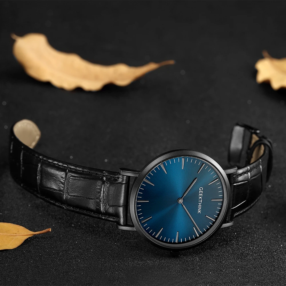 GEEKTHINK Топ бренд класса люкс кварцевые часы для мужчин бизнес повседневное Черный Япония Кварцевые-часы из натуральной кожи ультра тонкие часы мужские новые