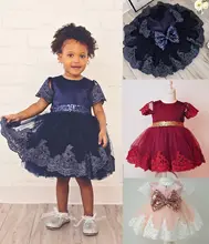 2017 New Baby Girls Princess Dress Clothes Short Sleeve Lace Bow Ball Gown Tutu Party Dress Toddler Kids Fancy Dress 0-7Y