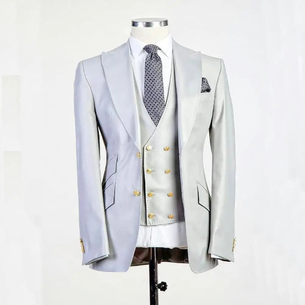 Брендовые новые Женихи, мужские королевские синие смокинги для жениха, мужские костюмы с отворотом, Свадебный блейзер для лучшего мужчины(пиджак+ брюки+ жилет+ галстук) C451 - Цвет: Silver