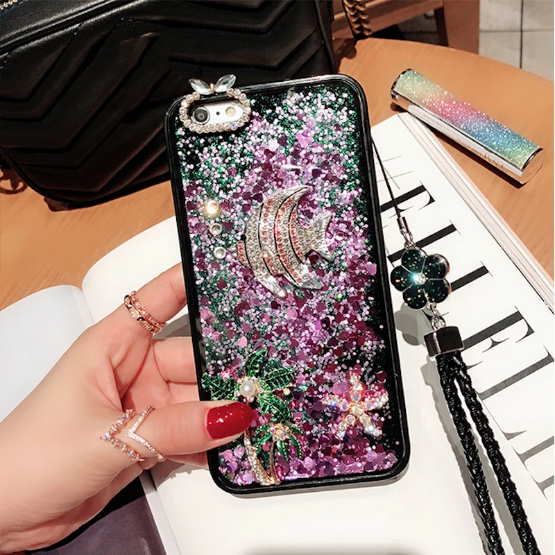 

Cute Rhinestones case For OPPO A83 A57 A71 A73 A79 A39 A33 liquid quicksand cover for oppo F5 F7 fish crystal stones
