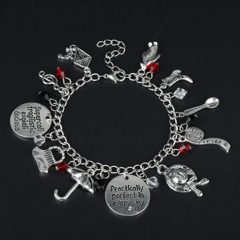 

MQCHUN Mary Poppins Themed Silvertone Metal Charm Bracelet Hand Stamped Letter Practically Perfect in Every Way Fashion Jewelry