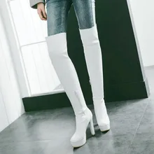 Женские эластичные сапоги; сапоги до бедра на платформе с боковой молнией; Сапоги выше колена на высоком квадратном каблуке; женская обувь; цвет черный, белый, коричневый