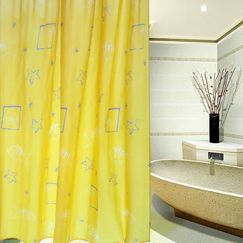 

High Quality Polyester Yellow Shell Pattern Bathroom Waterproof Shower Curtains With 12 Hooks 45