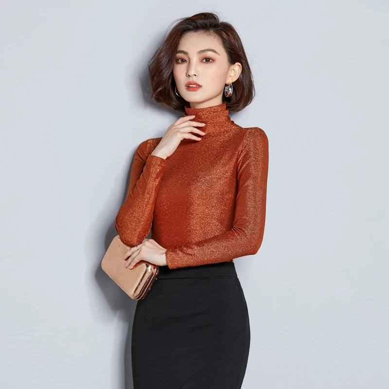  Turtleneck Bright Blouses Women 2019 Autumn New Arrivals Fashion Long Sleeve Shirts Clothing Slim L