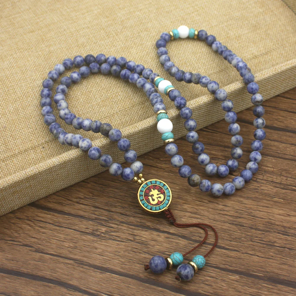 108 natural Sodalite Stone mala necklace Light blue stone beads and OM Pendant Necklace yogi jewelry unisex