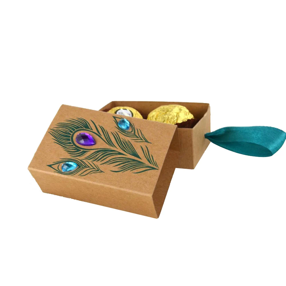 100 Pcs Peacock Feather Candy Boxes Drawer Design Wedding Favors Faux