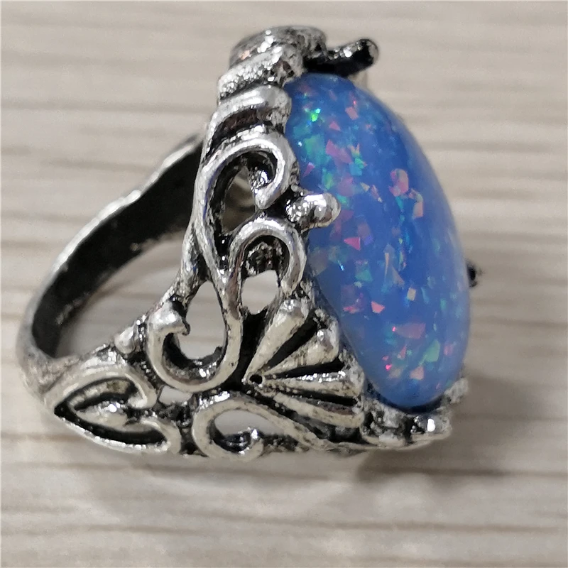 Large Blue Fire Opal Stone Rings for Women Engagement Rings Antique Silver Rings Luxury Jewelry Bague Femme Man Anillos O1/J387