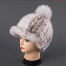 Для женщин натуральный мех норки вязаная шапка-Зима Snapback шапки chapeau femme, дамы помпоном Бейсбол Шапки бейсболки