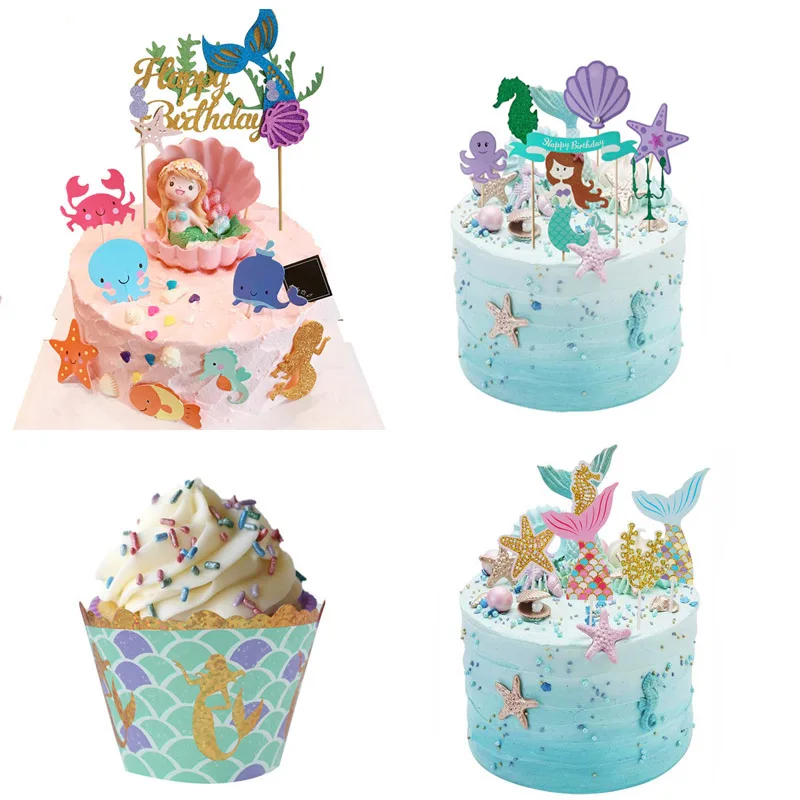 

Little Mermaid Party Cupcake Wrappers Happy Birthday Cake Topper Birthday Party Decoration Under The Sea Theme Girl Party Supply