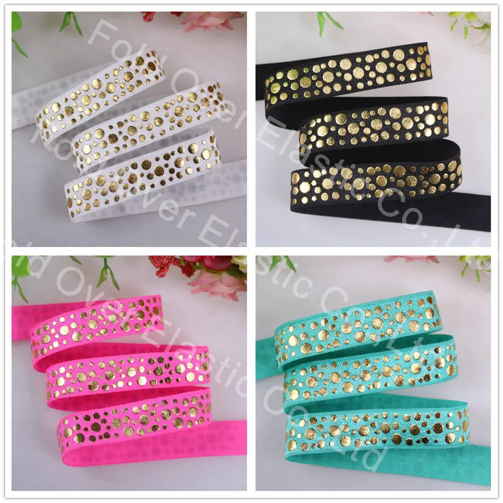 

6 colors gold foil random dots Printed foe elastic 5/8" fold over elastic 50 yards per lot