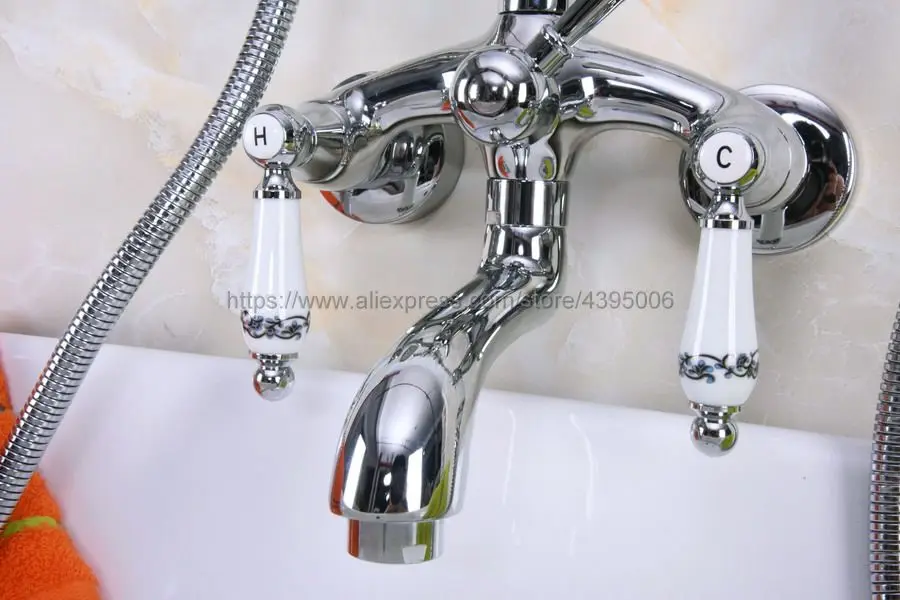 Chrome Finish Double Handles Bathroom Wall Mounted Bathroom Tub Faucets W/Hand Shower Sprayer Mixer Tap Bna218