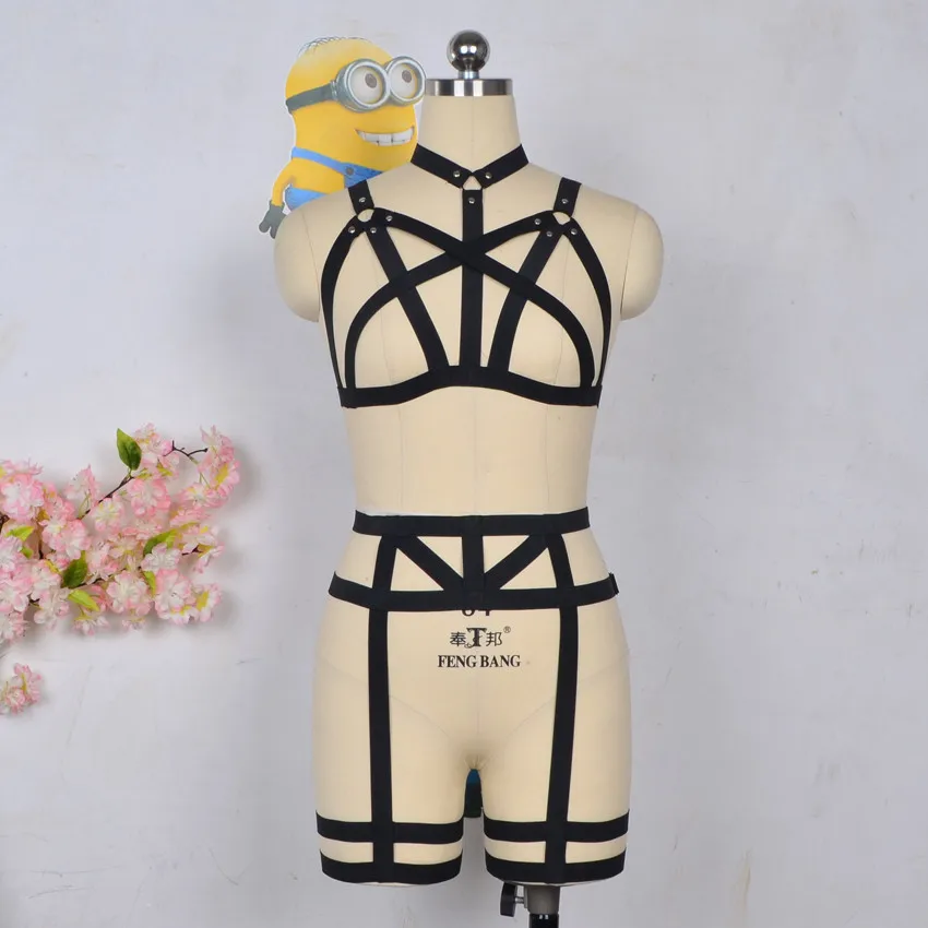 Sexy Body Cage One Piece Set with Leg Garter Bands - Perfect Stripper Outfit