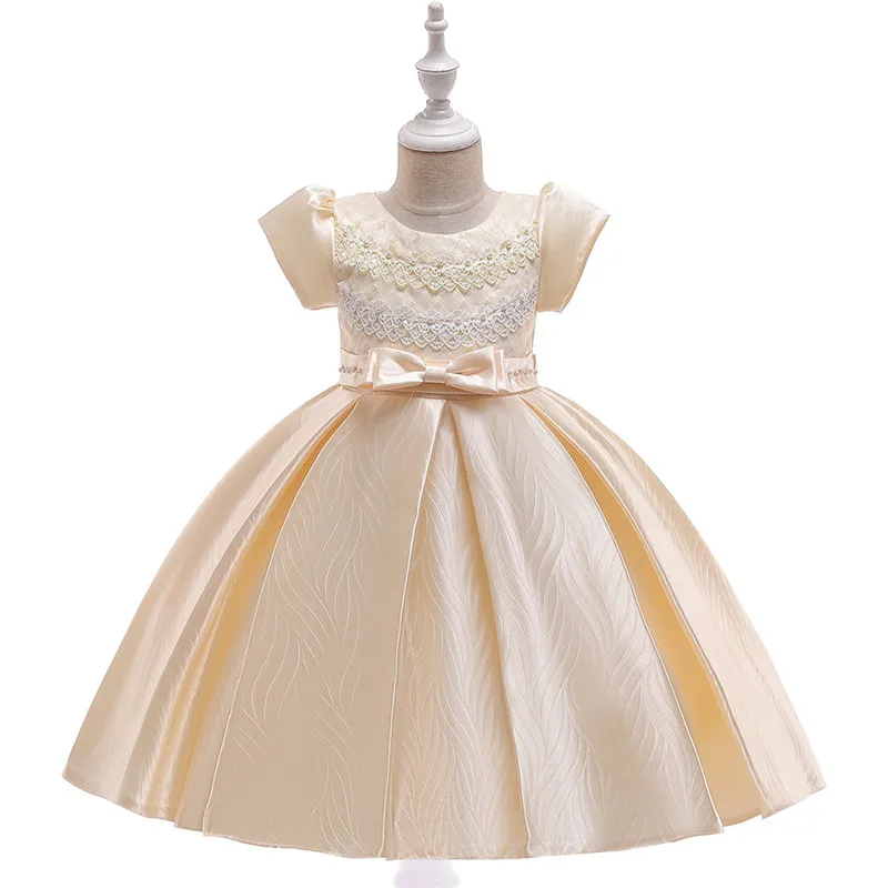 Коллекция года, атласное кружевное платье для девочек плетеное рельефное платье с цветочным узором, вечерние платья для малышей бальное платье с бантом, детские платья платье принцессы на день рождения для детей возрастом от 3 до 10 лет, L5111 - Цвет: champagne