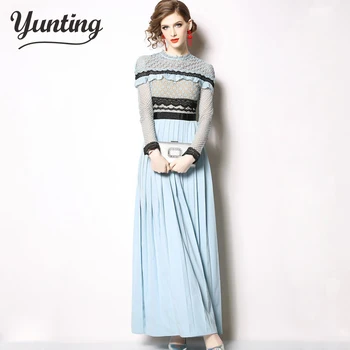 

Autumn Pleated Dress 2019 Runway Women Blue Lace Patchwork Hollow Out Vintage Long Sleeve Dresses