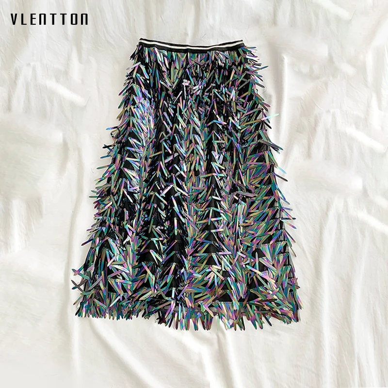 

2019 Spring Summer Sexy Package hip Women Skirts Sequins Korean Pink Black Skirt Harajuku High waist A-Line Knee-Length Skirts