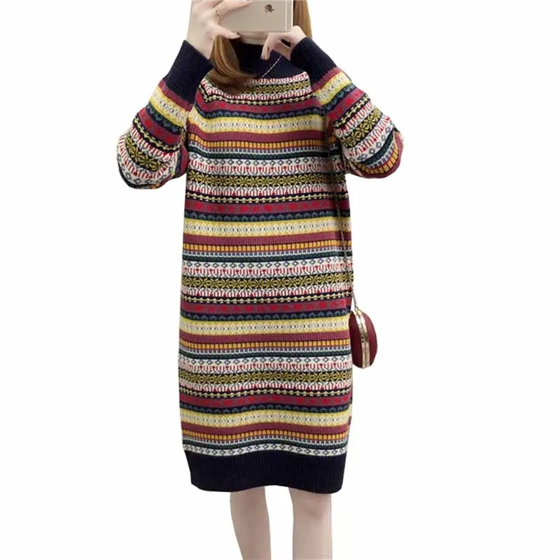 

2019 Spring autumn fashion striped knit dress turtleneck sweater women Long sleeve pullovers winter Bottoming shirt dresses G507
