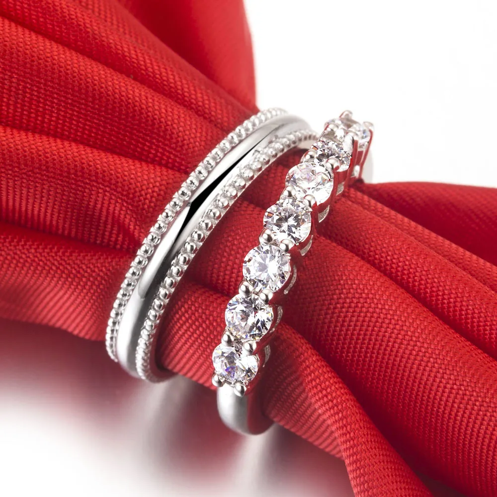 0.7Ct Семь камней бриллиантовые полосы для женщин Королевский Дизайнер Твердые стерлингового серебра 925 обручальные кольца