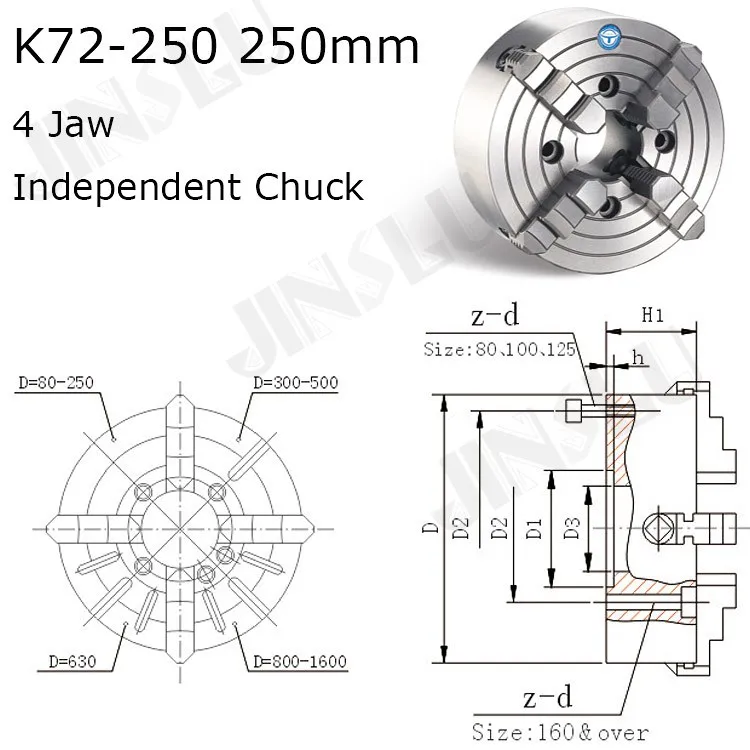 

K72-250 4 Jaw Lathe Chuck Four Jaw Independent Chuck 250mm Manual for Welding Positioner Turn Table 1PK Accessories for Lathe