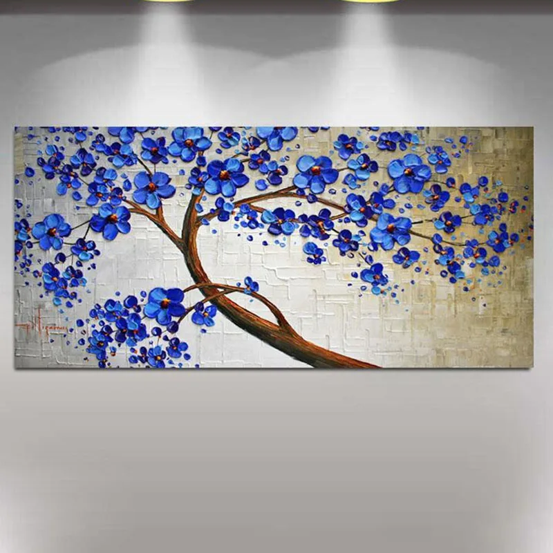 

Hand Painted High Quality Blue Cherry Trees Landscape Palette Knife Abstract Oil Painting Canvas Wall Living Room Fine Artwork