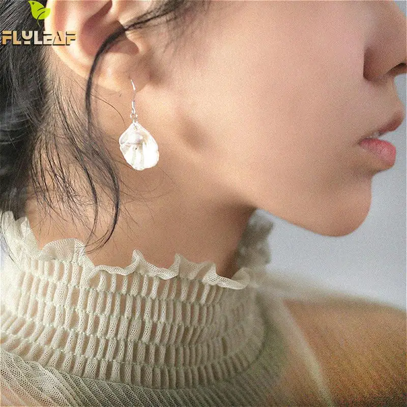 

Flyleaf New Arrivals Real 925 Sterling Silver Shell Petals With Shell Beads Drop Earrings For Women Elegant Jewelry Earrings