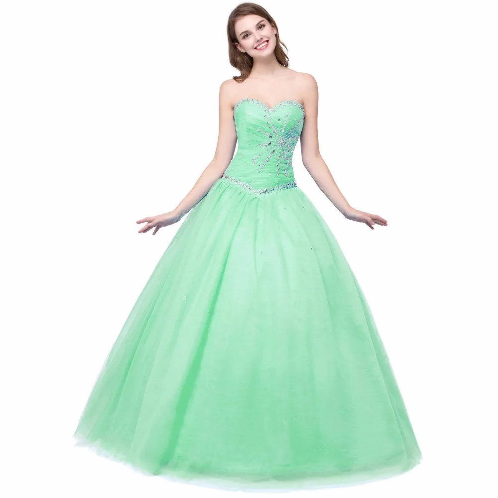 2017 Cheap Beaded Sweetheart Sage Tulle Quinceanera Dresses Prom