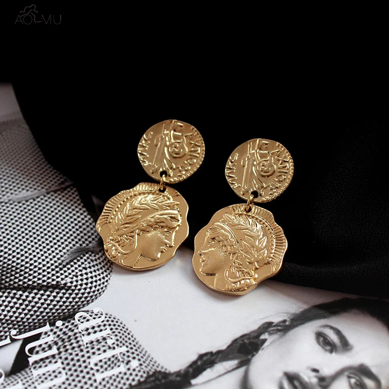 

AOMU New Vintage Metal Matte Irregular Lady Avatar Portrait Coin Circle Round link Drop Dangle Earrings for Women Girl Female
