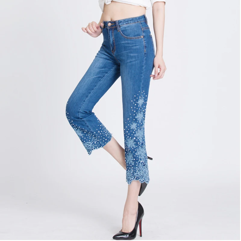 KSTUN джинсы с вышивкой для женщин seuined бисером оборками расклешенные брюки Брюки-клёш синий стрейч летние укороченные брюки большой