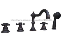 Widespread Oil Rubbed Bronze Deck Mounted 3 Handles Bathroom Tub Faucet 5 Holes Hand Shower Sink Mixer Tap Ntf062 waterfall wall mounted oil rubbed bronze bathroom tub faucet single handle hand shower