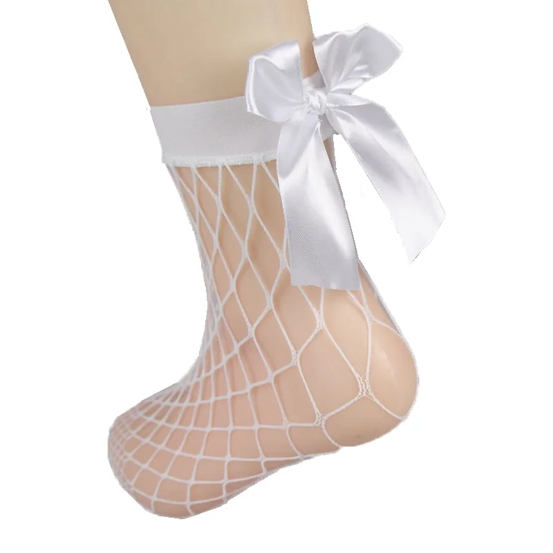 2 Pairs Chic Women's Harajuku Breathable White Bow knot Fishnet Socks.Sexy Hollow out Mesh Nets Socks Ladies Girl's Lolita Style Bow Sox9