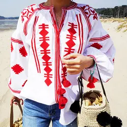 2016 весенние богемные блузки с v-образным вырезом и вышивкой, блузка с рукавами-фонариками, хлопковая рубашка с кисточками и цветами ручной
