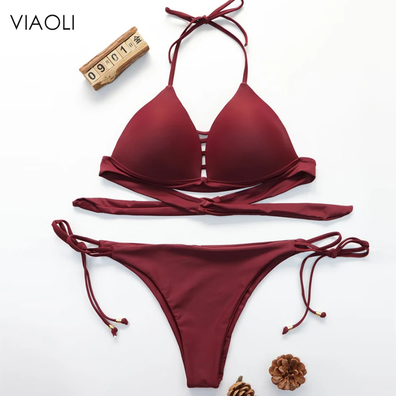 

Classic Style Pure Bikini Set 2018 Sexy Thong Swimsuit Women Solid Bandage Beachwear Female Swimwear Bathing Suits Biquini Red