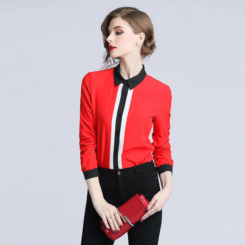

Red Striped Turn Down Collar Long Sleeve Blouses Women Elegant Office Casual Fashion Street Shirts Spring Autumn Tops Clothing