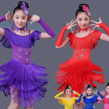 

Tassel Child Children Professional Latin Dance Dress for Girls Salsa Spandex Cha Cha Samba Ballroom Dancing Dresses Kids Fringe