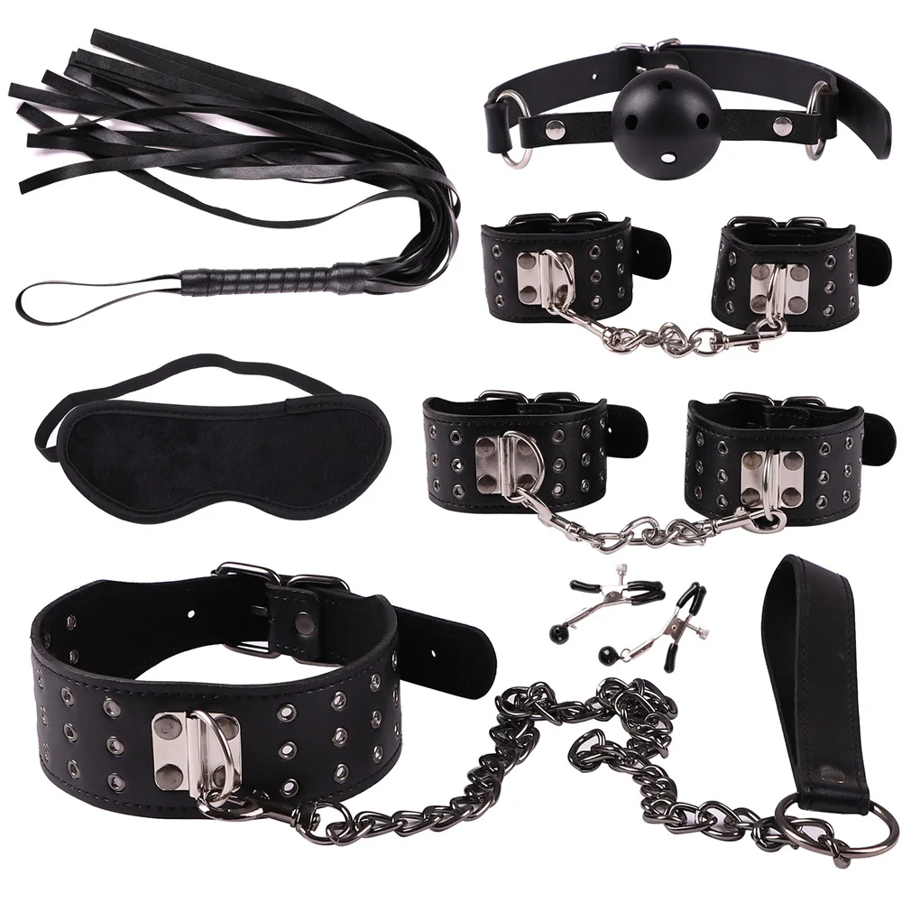 Секс аксессуары игры маска BDSM ошейник, оковы кожаные наручники секс-игрушки для женщин зажимы для сосков лодыжки манжеты рот кляп