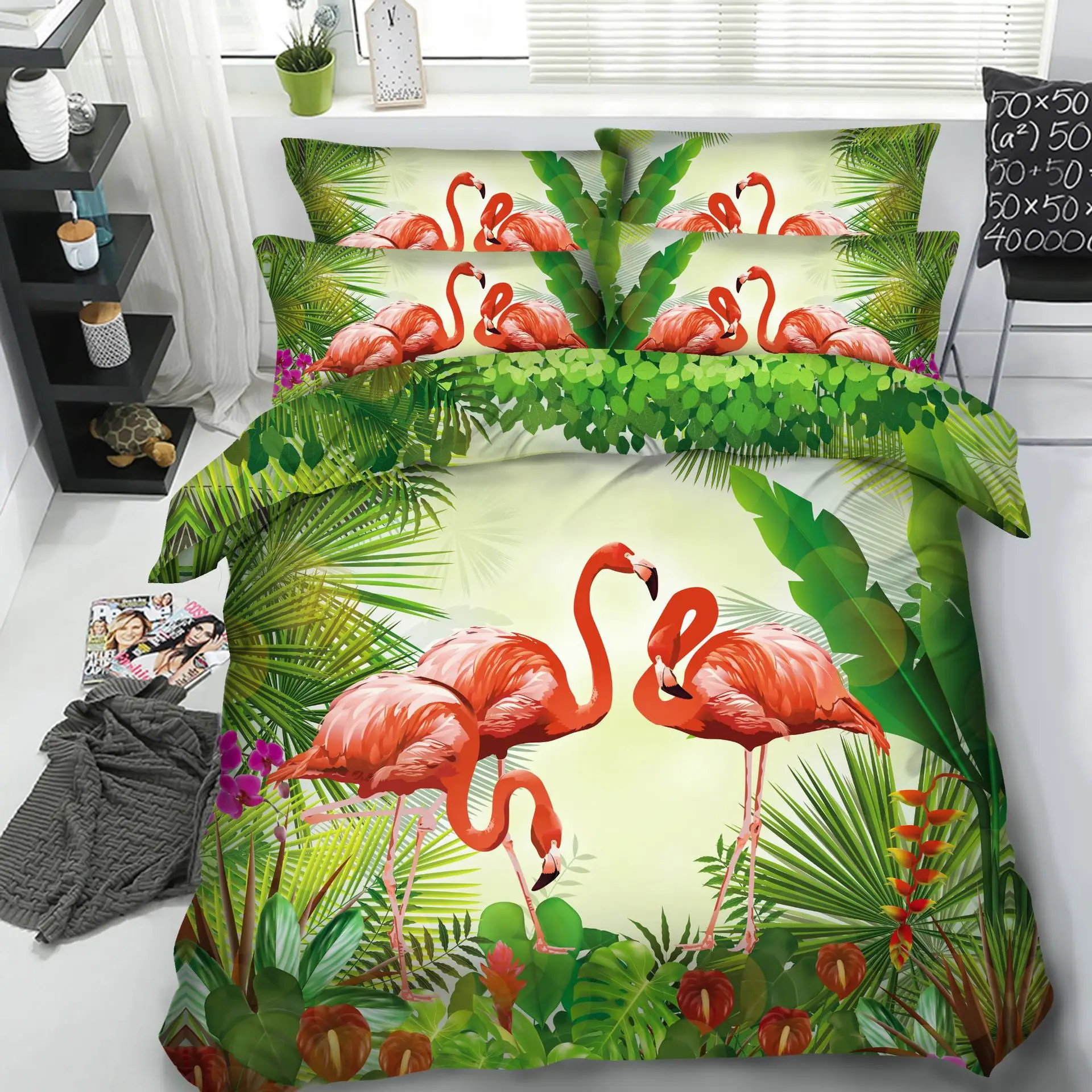 Flamingo Duvet Cover Queen Bedding Set Tropical Plant Quilt Cover