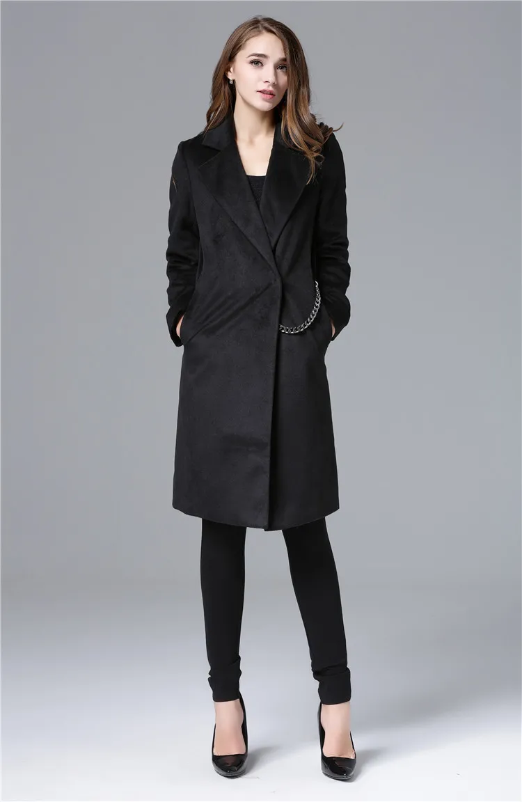 Celebrity Fashion Style Extra Long Design Woolen font b Jacket b font Metal Chain Decorated Long