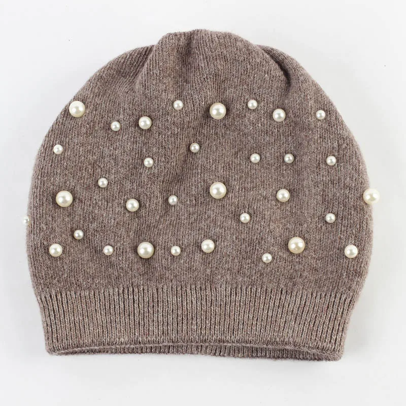 Женская кашемировая шапочка, зимняя, теплая, шерстяная, вязаная, громоздкая шапочка с жемчугом, осенняя, мягкая, простая, балавака, Skullies& Beanies DQ819C - Цвет: Brown