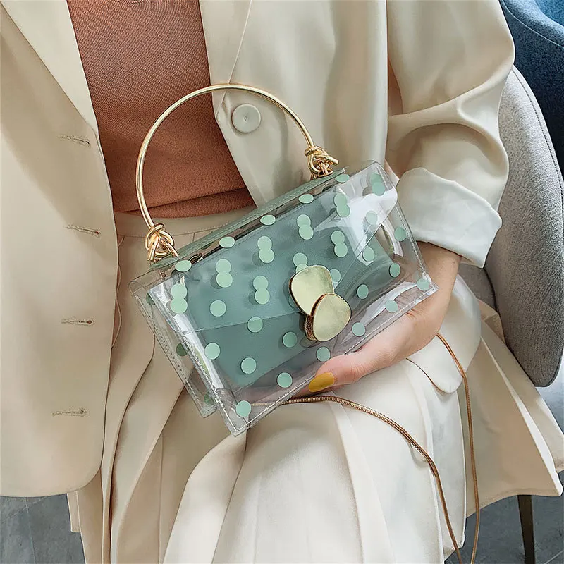 

Metal Lock Mini Small Square Bag Casual Transparent Jelly Bag 2019 Quality Chain Handbag with Dots Simple Shoulder Crossbody Bag