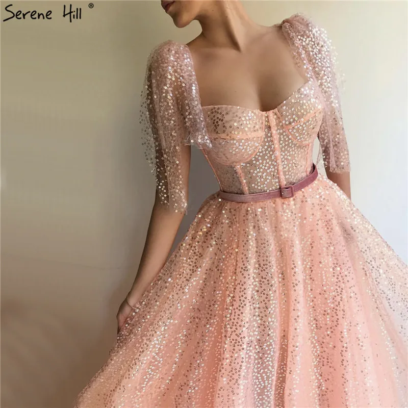 Дубай персиковые расшитые блестками пояса сексуальные платья для выпускного вечера с коротким рукавом сверкающие фатиновые платья для выпускного вечера Serene Хилл BLA60944 - Цвет: peach