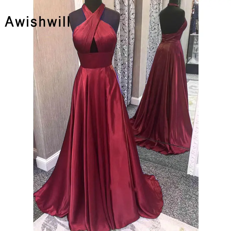 Реальные фотографии; Robe de Bal Longue Холтер рукавов-line эластичный атлас открытой спиной Длинные платье для выпускного вечера для Для женщин