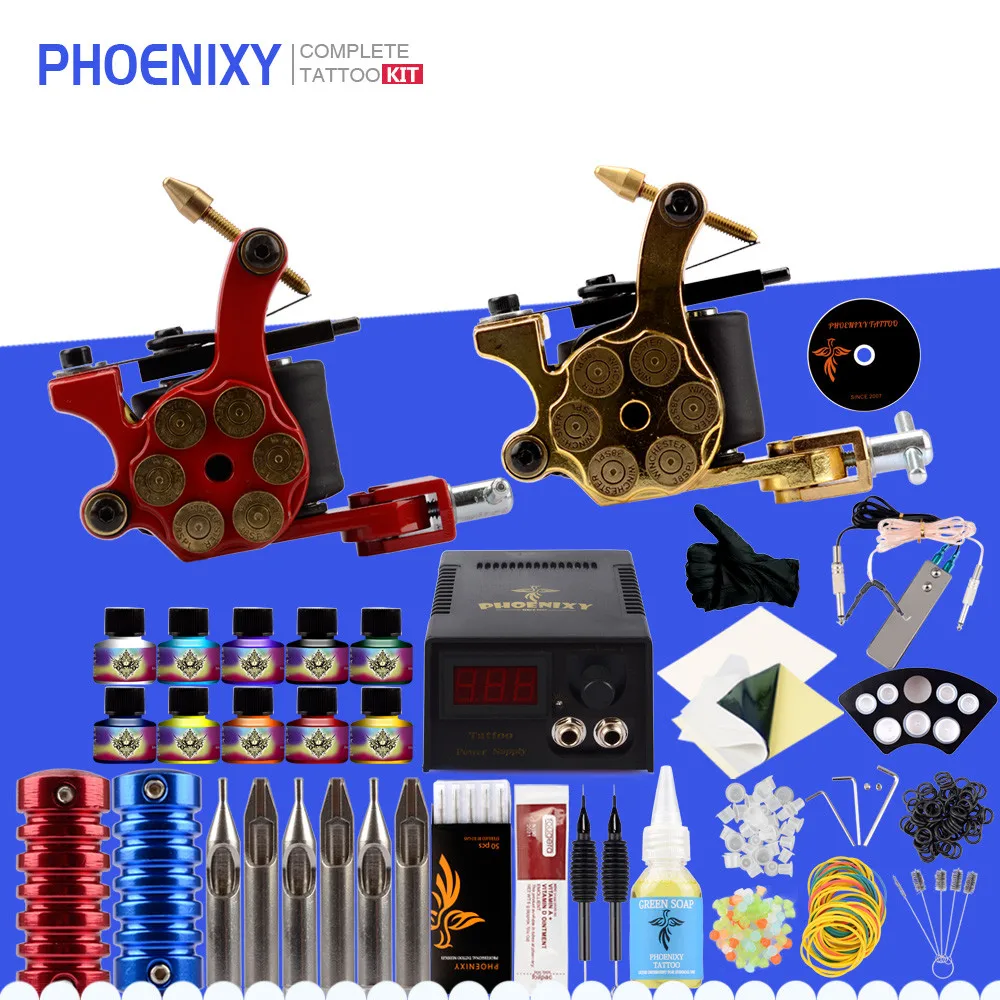 

Tattoo Machine Set 2 Gun Set 10 Colors Inks Pigment LCD Supply Power Needles Grips Completed Tattoo Permanent Makeup Kits Set