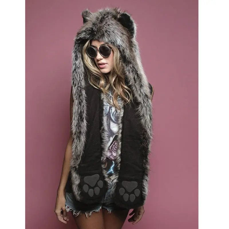 Grey Wolf Новинка, брендовая зимняя теплая шапка с мультяшным животным, плюшевая шапочка, флисовая зимняя теплая пушистая шапка с капюшоном, шапка-ушанка - Цвет: Grey Wolf