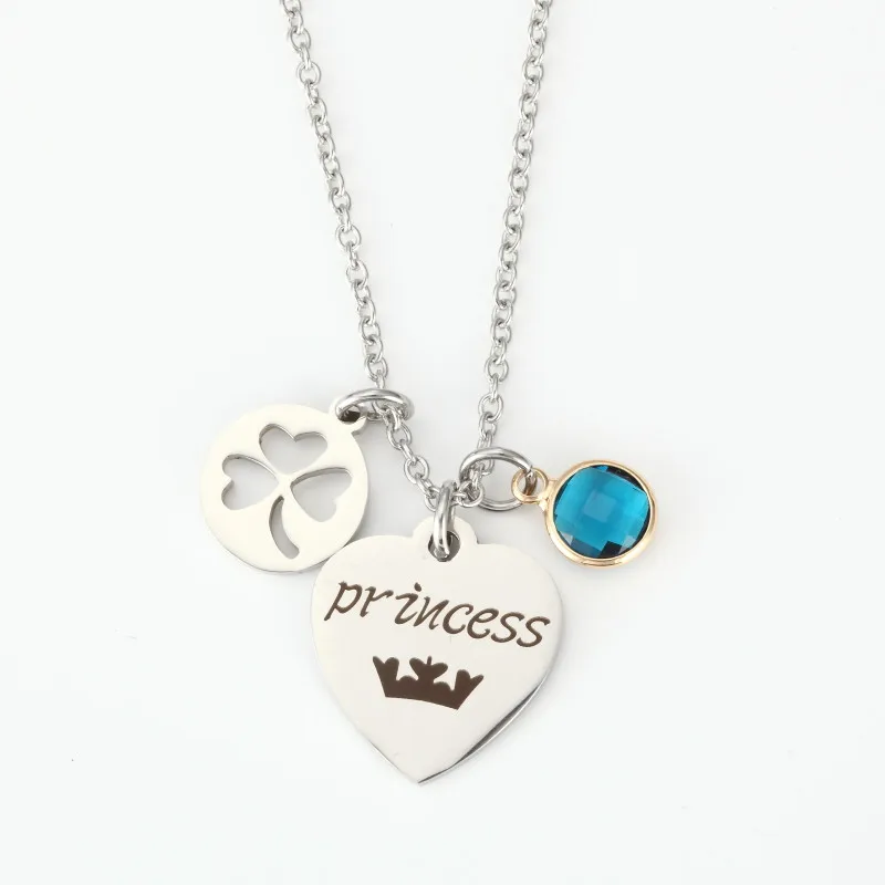 

Hot Sale Silver Heart Princess Necklace Hollow Clover Pendant Necklace Women Girls Blue Crystal Necklace