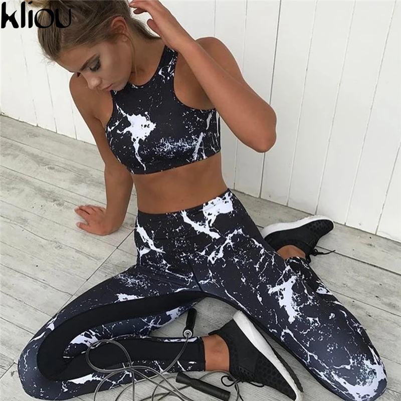 Kliou 2017 جديد دعوى النساء طقم رياضي طلاء حبر المطبوعة اللياقة البدنية مجموعة الرياضية طماق ضيق حللا ملابس رياضية الملابس