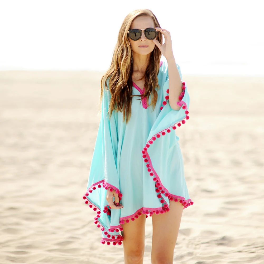 

Popular Casual Style Women Sand Balls Lace Tassels Bathing Suit Cover Ups Outwear Sexy Swimwear Beach Wear Pareo Sarong