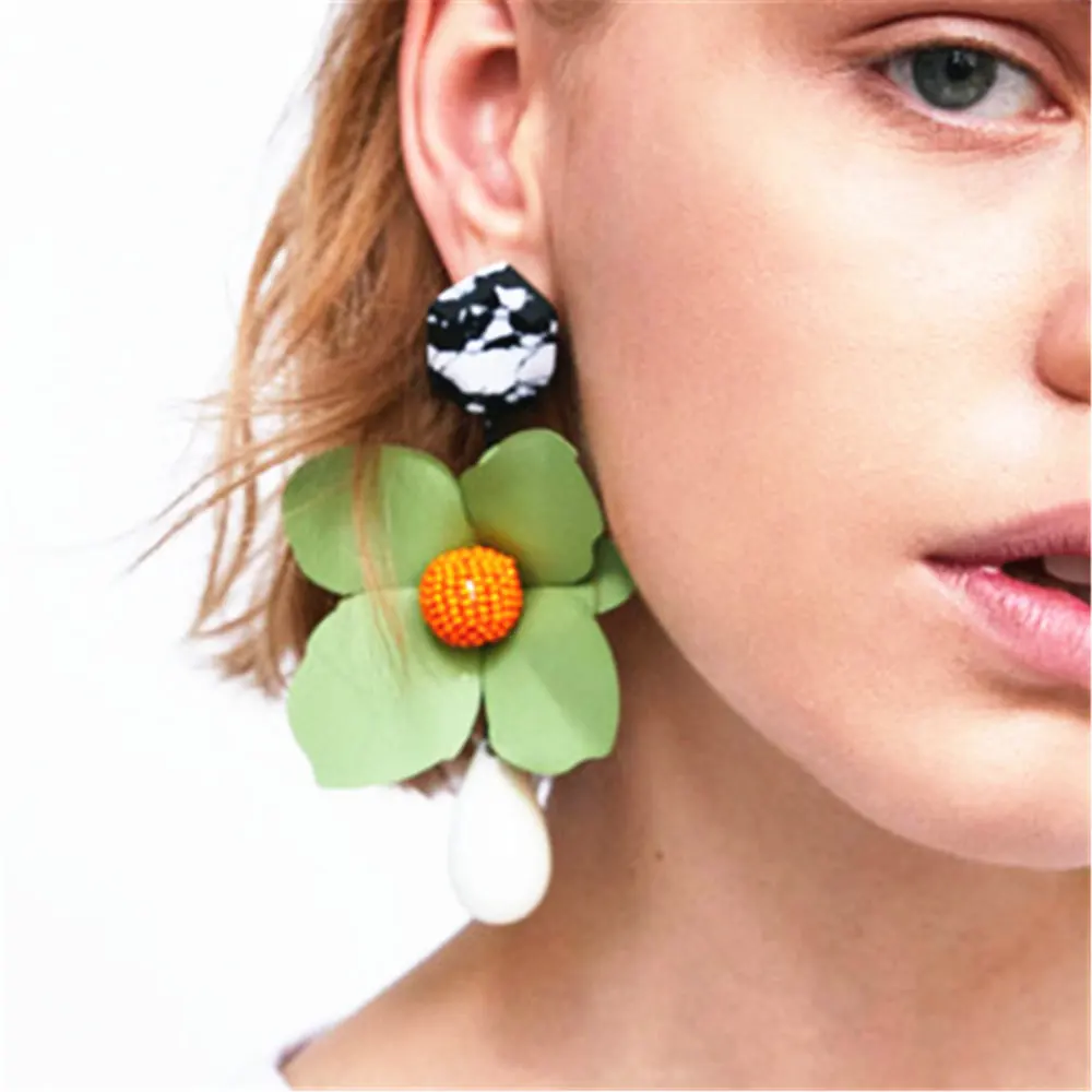 

Big Neon Flower Trendy Yellow Green Geometric Statement Long Flower Earring Women Girl Hanging Fashion Jewelry Drop Earrings